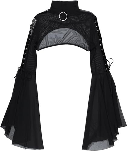 SEAUR Gothic Bolero Damen Spitze Shrug Schwarz Langarm Cardigan Top Vintage Punk Jäckchen für Party Club Karneval Halloween - M
