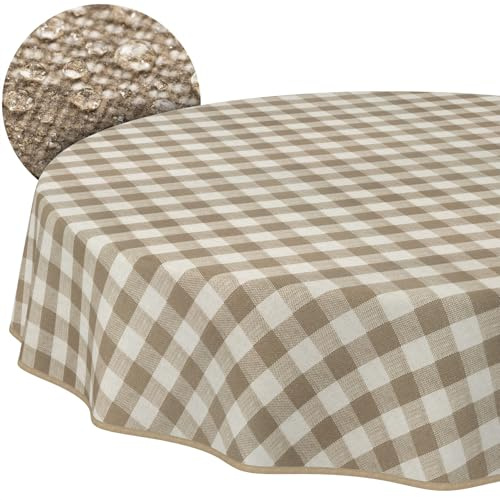 Tischdecke Stoff abwaschbar Tischtuch Tafeldecke pflegeleicht Lotuseffekt schmutz- & wasserabweisend für Indoor Outdoor Tischdecke Rund 120cm mit Saum (Eingefasst) Karo Beige