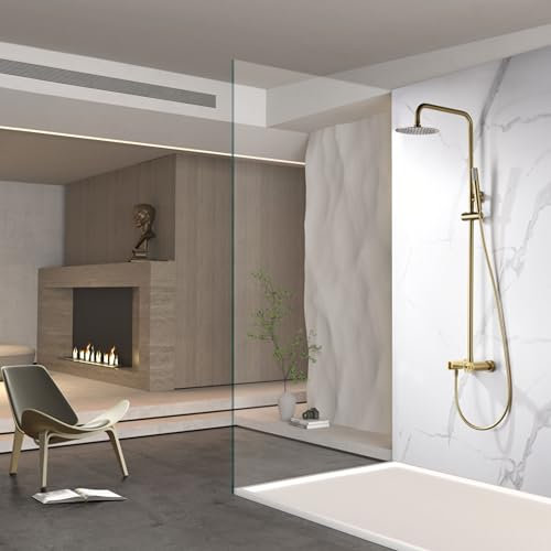 IMEX - Columna Ducha Oro Cepillado con Grifo | Kit de Ducha Monomando con Alcachofa y Rociador Antical | Griferia en Latón y Acero Inox S.304 con Barra Extensible | Serie Olimpo