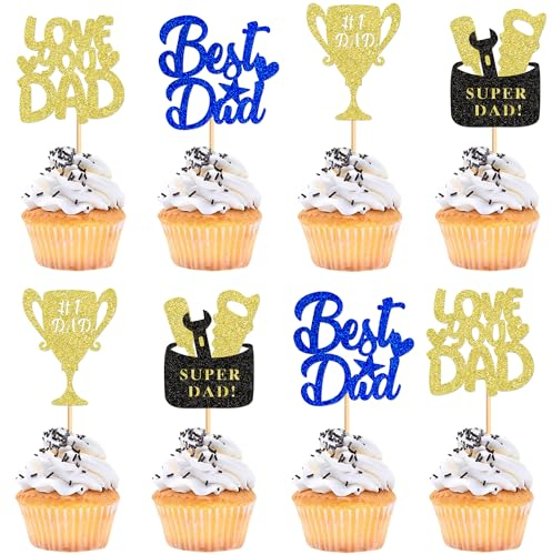 Cyodoos Cupcake-Topper Happy Fathers Day, Blau / Gold, Glitzer, Cupcake-Topper, Dekoration, Partyzubehör für Party, Cupcakes, Happy Father's Day, Papa, Geburtstag, Partyzubehör, 24 Stück