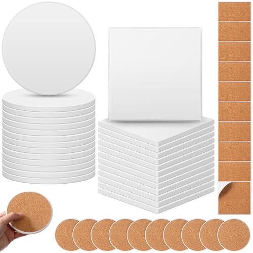 Zopeal 48 Pcs Ceramic Tiles for Crafts Coasters Include Unglazed White Ceramic Tiles with Cork Backing Pads Use with Alcohol Ink Acrylic Pouring for DIY Project Gift (Square,Round)