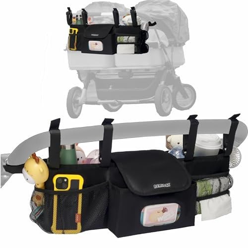 AEMIDAY Double Stroller Organizer Compatible with BOB Duallie and Baby Jogger City Mini GT2 Double Stroller, Double Baby Stroller Accessories with 2 Cooler Pockets, Black(Empty Bag)