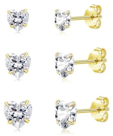 Loutade Silver Heart Studs Earrings for Women, 3 Pairs 925 Sterling Silver Studs Earrings Set, 3/4/5mm Hypoallergenic Earrings Gold, Small Cute Cartilage Sleeper Gold Earrings for Multiple Piercing