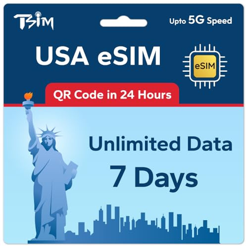 TSIM USA eSIM 7 Tage | Unbegrenzte Daten | Multi-Operator 5G | Automatische Aktivierung | Aufladen | Hotspot erlaubt | QR-Code innerhalb von 24 Stunden per E-Mail erhalten | Nur Daten