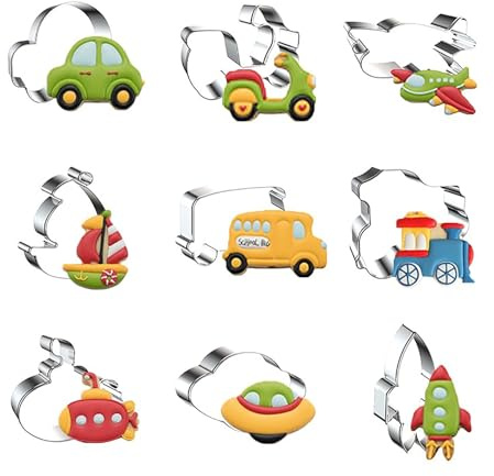 WDYJMALL Transportation Cookie Cutters 9-Pc Set - Beetle Car Vehicle Motorcycle Airplane Sailboat Bus Locomotive Train Submarine UFO Rocket Space Shuttle - A