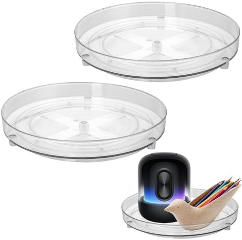 FUNSUEI 2 PCS 23.5cm Plastic Lazy Susan Turntable Cupboard Organiser, 360° Rotating Makeup Bathroom Organiser, Clear Spice Rack Storage for Cabinets, Kitchen, Vanity, Bathroom