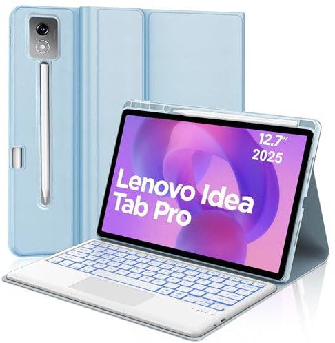 Funda Teclado con Trackpad para Lenovo Idea Tab Pro 12.7, Español Ñ Teclado Bluetooth Desmontable con Retroiluminación de 7 Colores y Trackpad para Lenovo Idea Tab Pro 2025 12.7 Pulgadas, Azul Claro
