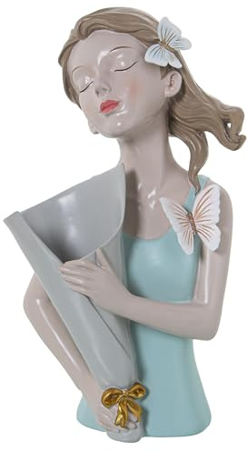 FIGURA RESINA TORSO CHICA C/JARRÓN, CAMISETA VERDE_16X12X31CM