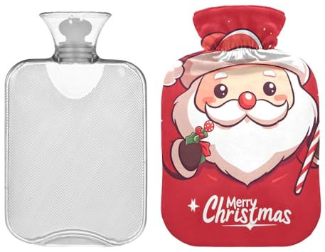 Cartoon Santa Claus Rot Wärmflasche mit Samtbezug, 2L Wärmbeutel für heiße und kalte Kompresse, Periodenwärmer für Krämpfe, ideal für Menstruationskrämpfe, Nacken- und Schulterschmerzen