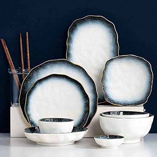 XFZJCHAP Service de Table en Porcelaine, Assiettes, Bol, Vaisselle en céramique, 32 pièces, glaçage de Flocon de Neige dégradé Bleu, Bol de céréales en Porcelaine, Service de Table