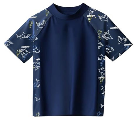 Boys Swim Top, Swim Vest, Kids Swimming Costume, Rash Vest, Sharks (UK, Age, 8 Years, 9 Years, Regular, Navy Blue)