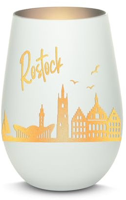 Gravur-Max Windlicht mit 360° Gravur Skyline Rostock Deko Glaslicht als tolles Geschenk mit Einer hochwertigen Lasergravur zu jedem Anlass in der Farbe Weiß/Silber