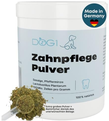 dog1 Zahnpflege Pulver für Hunde I Mittel gegen Zahnstein Hund - Natürliche besonders effektive Zahnreinigung bei gelben Zähnen, Mundgeruch und Plaque (200 g)