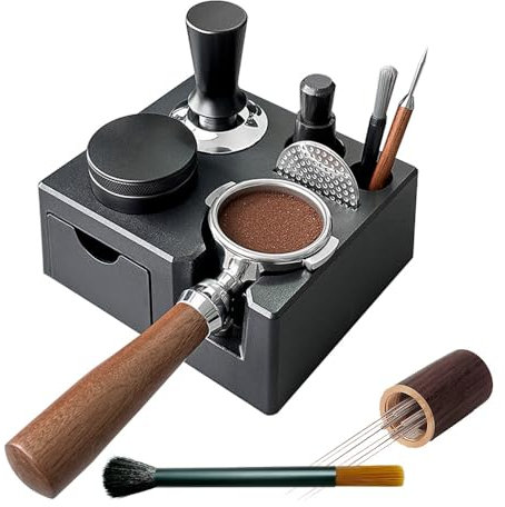 Wotendy Espresso Tamping Station with Drawer, Coffee Tamper Holder Base for 51/54/58MM Espresso Tamper Portafilters with 6 Needles Espresso Coffee Stirrer and Brush (Black)