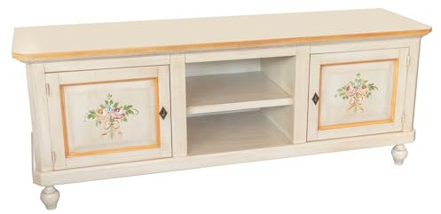 Vicentini arreda MOBILE PORTA TV NAPOLETANO IN LEGNO 2 ANTE 2 VANI A GIORNO SHABBY CHIC AVORIO ANTICATO DECORATO FILO ARANCIO
