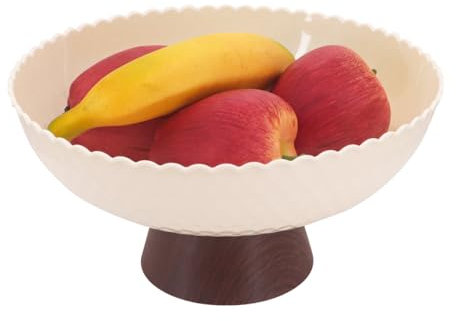 Yuhtech Fruit Bowl, Plastic Fruit Bowl, Wood Grain Decorative Pedestal Cup, Decorative Fruit Basket, Snacks Storage Tray, Snacks Tray with Removable Base and Drain Function(Milky White)