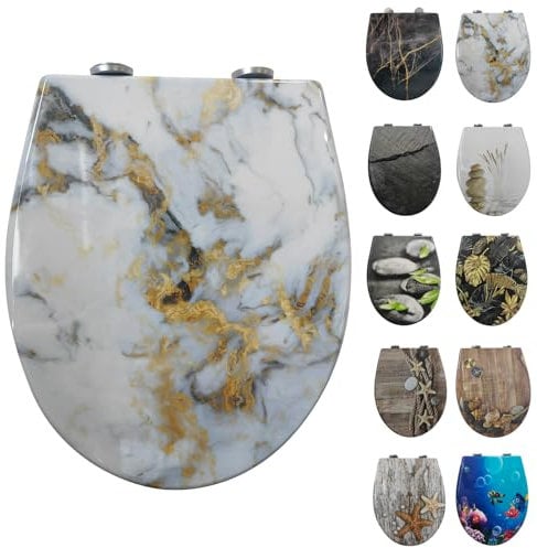 Toilettendeckel mit Absenkautomatik, WC Sitz mit Absenkautomatik Oval Form klodeckel Einfache Reinigung, Abnehmbarer WC-Sitz, 150kg belastbar, einfache Montage – Motiv: Weißer Marmor