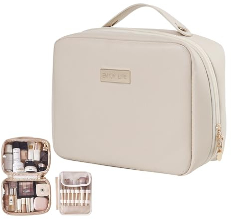XFSRG Beauty Case Portatile Impermeabile Grande Volume da Donna con Manico Ergonomico Trousse da Viaggio in PU Organizer Cosmetico e Pochette Trucchi da Donna (Beige)