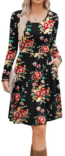ZEAGOO Damen Kleider Langarm Rundhals Freizeitkleider Elegant Tunika Kleid A-Linie Midikleid Mit Taschen