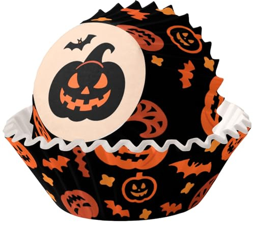 100P Halloween Cupcake Cases,Standard Cupcake Liners,Muffin Liners Baking Cups,Black Pumpkin Wrappers Paper Halloween Cake Decorations for Trick or Treat Theme Party Supplies
