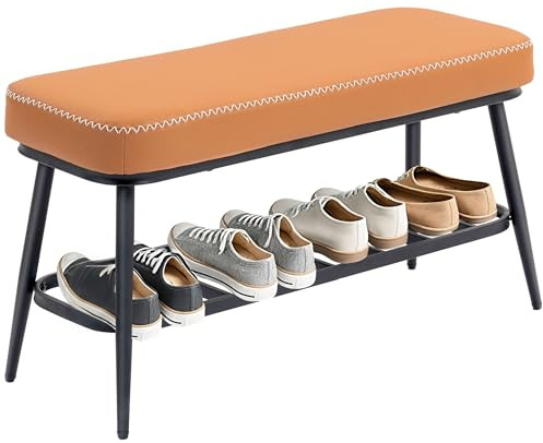 HOMCOM Shoe Bench, PU Leather Seat, Metal Shoe Bench, Brown | Storage Shelf, Padded Seat Cushion, Metal Frame, Hallway Entryway