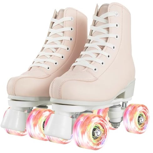 XUDREZ Roller Skates Women Girls Light Up Roller Derby Skates Double Row Pink Roller Skates for Youth Adult Beginner Indoor Outdoor