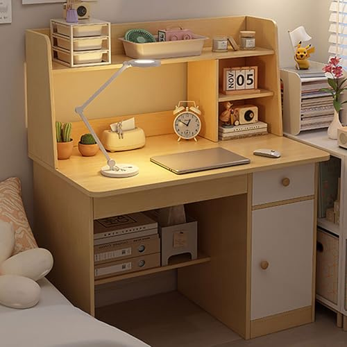JingNian Moderner Schreibtisch mit Aufsatz und Schubladen, Multifunktionaler Computertisch aus Holz, Home-Office, Kinder- und Teenagerzimmer, kompakt, mit Bücherregal und Stauraum(Oak,with Cabinets)