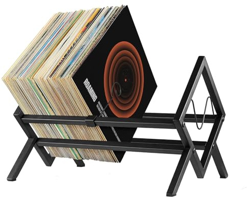 BLUE BAZAAR Vinyl Record Storage Stand – Metal LP Organizer Holds 80–100 Records, Durable Vinyl Storage Rack for Albums, CDs & Books, Modern Display Stand for Home Office Living Room (1)