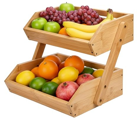 Relaxdays Obst Etagere Bambus, 2 Etagen, HBT 26,5x30x25 cm, Korbetagere, Obst, Gemüse & Gebäck, Obstschale Küche, natur