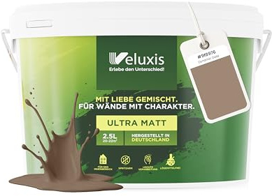 Veluxis® Pintura de pared marrón para uso interior - 2,5 litros y opacidad clase 1, sin vetas, antigoteo y ecológica, sin COV - (Dynamic Date)