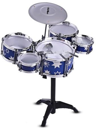Batterie de Jazz pour Enfants Jouet Instrument Musique pédagogique avec 5 Tambours 1 cymbale Baguettes et Petit Tabouret garçons Filles