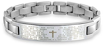 Bling Jewelry Personalisieren Sie das Vaterunser-Kreuz El Padre Maestro Link Armband mit ID für Herren, silberfarbener Edelstahl.