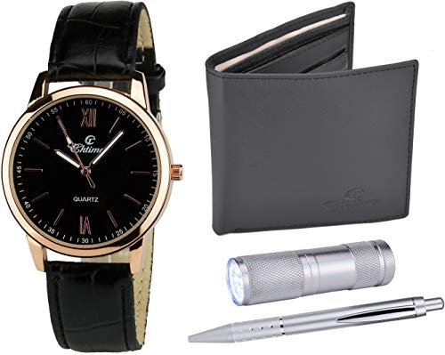 BELLOS Geschenkbox Herren Armbanduhr Schwarz Lampe LED – Stift, Schwarz Gold, 42, Armband, Schwarz Gold, 42, Armband, Schwarz/goldfarben., 42, Armband