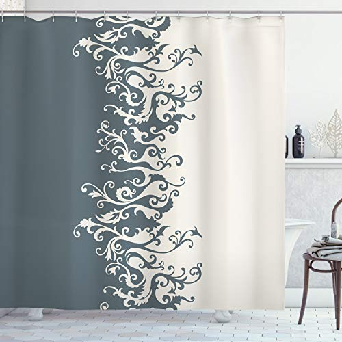 ABAKUHAUS Vintage Blumen Duschvorhang, Antik Barock, Stoffliches Gewebe Badezimmerdekorationsset mit Haken, 175 x 240 cm, Charcoal Grey Beige