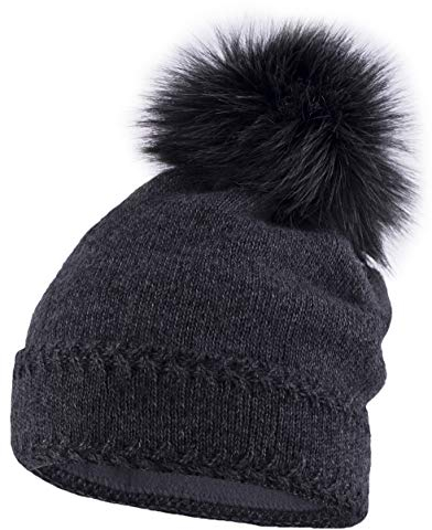Neverless® gefütterte Damen Strickmütze mit Fell-Bommel und Fleece Futter, Winter-Mütze, Bommelmütze grau