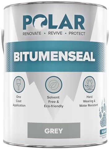 Polar Bitumenseal Grey Paint - 5KG - Instant Waterproof Bitumen Roof Sealant - Ideal for Leaks, Cracks & Pitched Roof Repair - Concrete, Brick, Asphalt, Drainpipes & Gutters - Easy to Apply