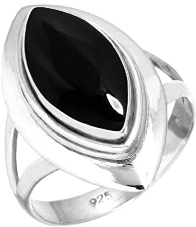 Jeweloporium Schwarzer Onyx Silberring Größe 60 (19,1), 925 Sterling Silber Ring für Damen, Echter Marquise Edelstein Handgefertigter Schmuck