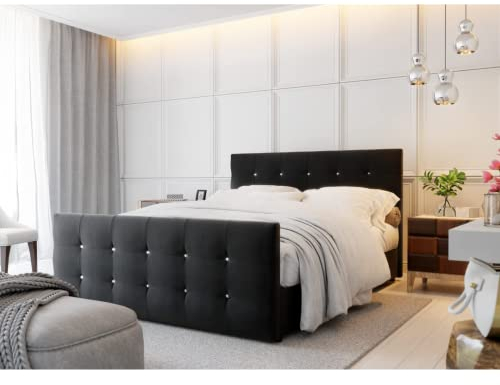 PM PAMIR-Möbel Bett Designer Bett mit Bettkasten Cleo | Boxspringbett mit Bonell-Matratze, 2 Bettkästen mit dekorativen Knöpfen im Kopfteil | Gesteppte Kopfstütze | 140x200cm | Schwarz