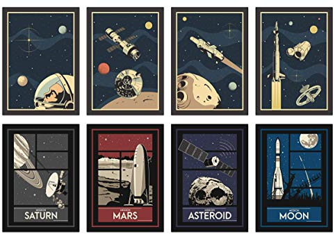 Set of 8 A4 Retro Space Posters - Great present for Astronauts!