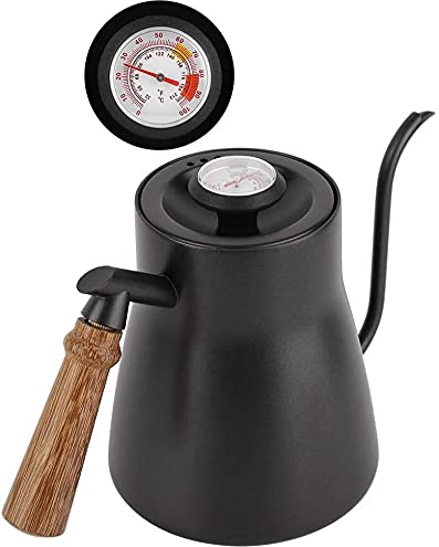 Aigend Hervidor con cuello de cisne, hervidor de café con goteo de acero inoxidable de 850 ml, cuello de cisne con mango de madera con termómetro