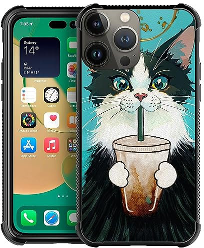 Goodsprout Compatible with iPhone 12 Pro Max Case Cat Drinking Coffee Pattern Graphic for Girls,Protection Shockproof Soft Silicone TPU Non-Slip Back for iPhone 12 Pro Max