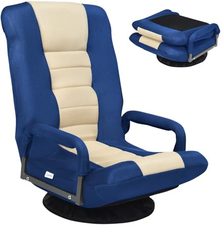 COSTWAY Fauteuil Pliable de Sol, Chaise de Jeu avec Dossier Réglable sur 6 Positions et Base Pivotante à 360°, Cadre en Métal Robuste (Bleu)