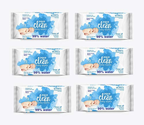 6 Pack Aqua Clean Baby Wet Wipes (72 Wipes) 99% Water 100% Biodegradable Plastic Free