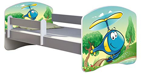 ACMA Kinderbett Jugendbett mit Einer Schublade und Matratze Grau mit Rausfallschutz Lattenrost II (35 Hubschrauber, 180x80)