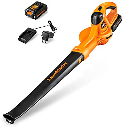 LawnMaster Soffiatore foglie batteria MX 24V con batteria 2Ah | Solo 1,5 kg, batteria MX 2Ah con caricatore, rastrello foglie, tubo rimovibile, stoccaggio compatto