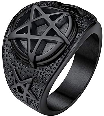 FaithHeart schwarz Fingerring in 54.4 Pentagramm Siegelring Herren Jungen Punk Gotik Bandring mit Geschenkebox für Geburstag Weihnachten