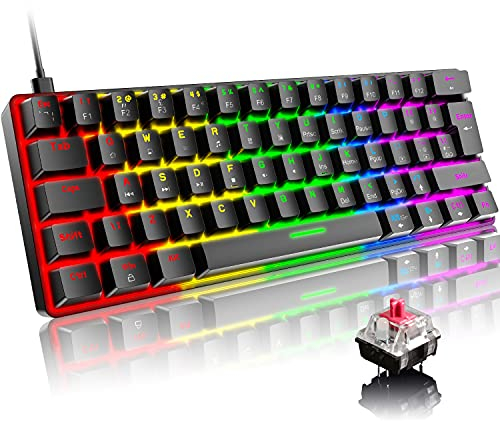 Mini 60% Gaming-Tastatur Kabelgebundene mechanische Keyboard, Kompakte Tragbare 62 Tasten, UK-Layout, 19 RGB-Chroma-Backlit, Abnehmbarer USB-Typ C, für Laptop, Mac, PS4,Xbox (Schwarz/Roter Schalter)