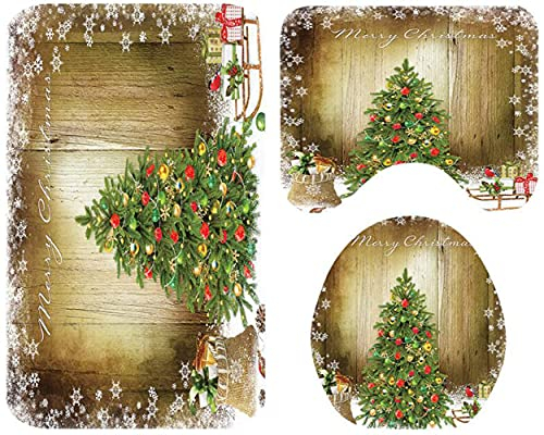 ZESLIV 3Tlg Set Badematte Weihnachten Deko Weihnachtsbaum Badvorleger Toilettenmatte Badgarnitur rutschfest Badteppich Badezimmerteppich Deckelbezug WC-Vorleger mit Ausschnitt rutschfest Waschbar