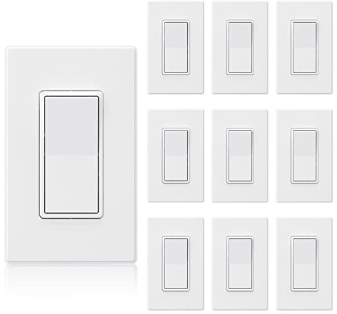 ELEGRP Matte White 3 Way Decorative Light Switch with Plate, 15 Amp, 120-277 Volt, AC Rocker Paddle Wall Switch Replacement, Self-Grounding, Residential Grade, w/Wall Plate, UL Listed (10 Pack)
