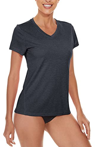 KEFITEVD Funktionsshirt Damen Kurzarm V-Neck Sport T-Shirt Leicht Yoga Shirt Atmungsaktiv Laufshirt Meliert Schwarz XL